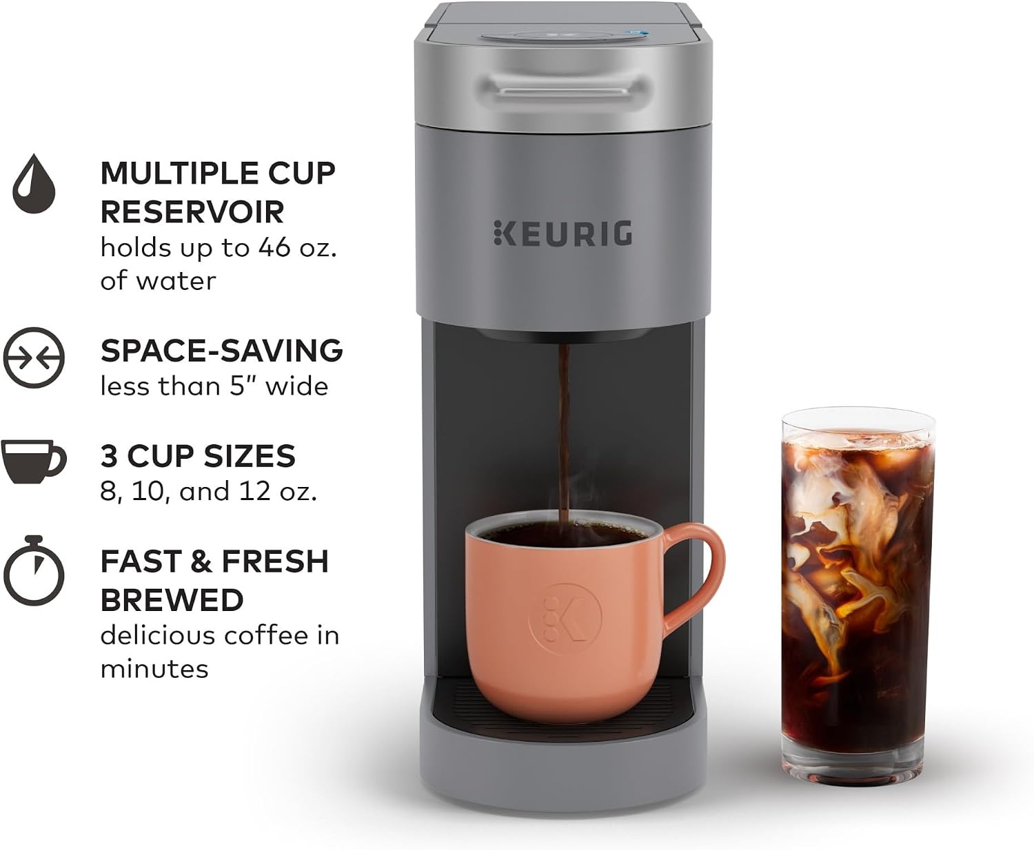 image:imageKeurig KSlim ICED Single Serve Coffee Maker Hot and Cold Coffee Capabilities Brews 8 to 12oz Cups 46oz Removable Reservoir Gray